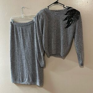 RAOUL Silk/Angora Rabbit Hair Gray with Blk Sequin Two Piece Skirt Set